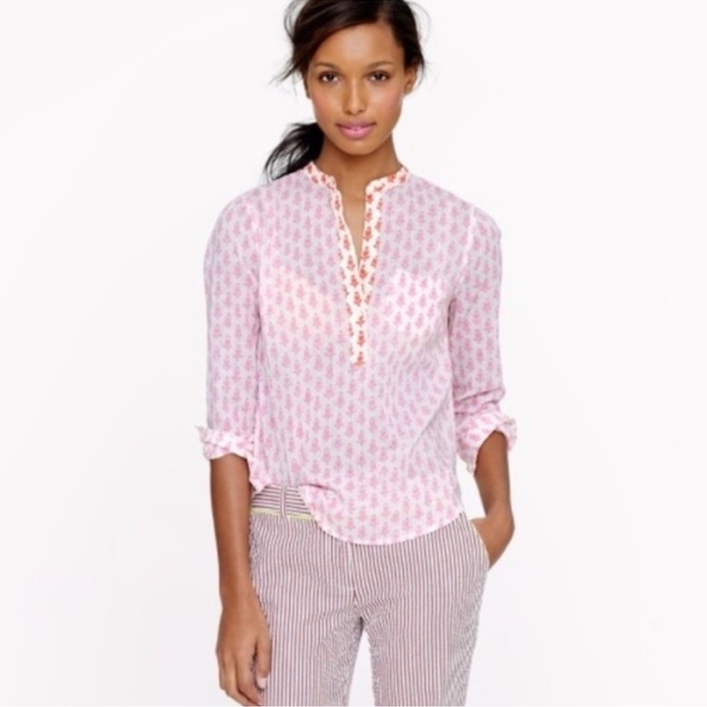 J. Crew Thistle Print Popover Top size 4 Half Button Pink White Red Cotton‎